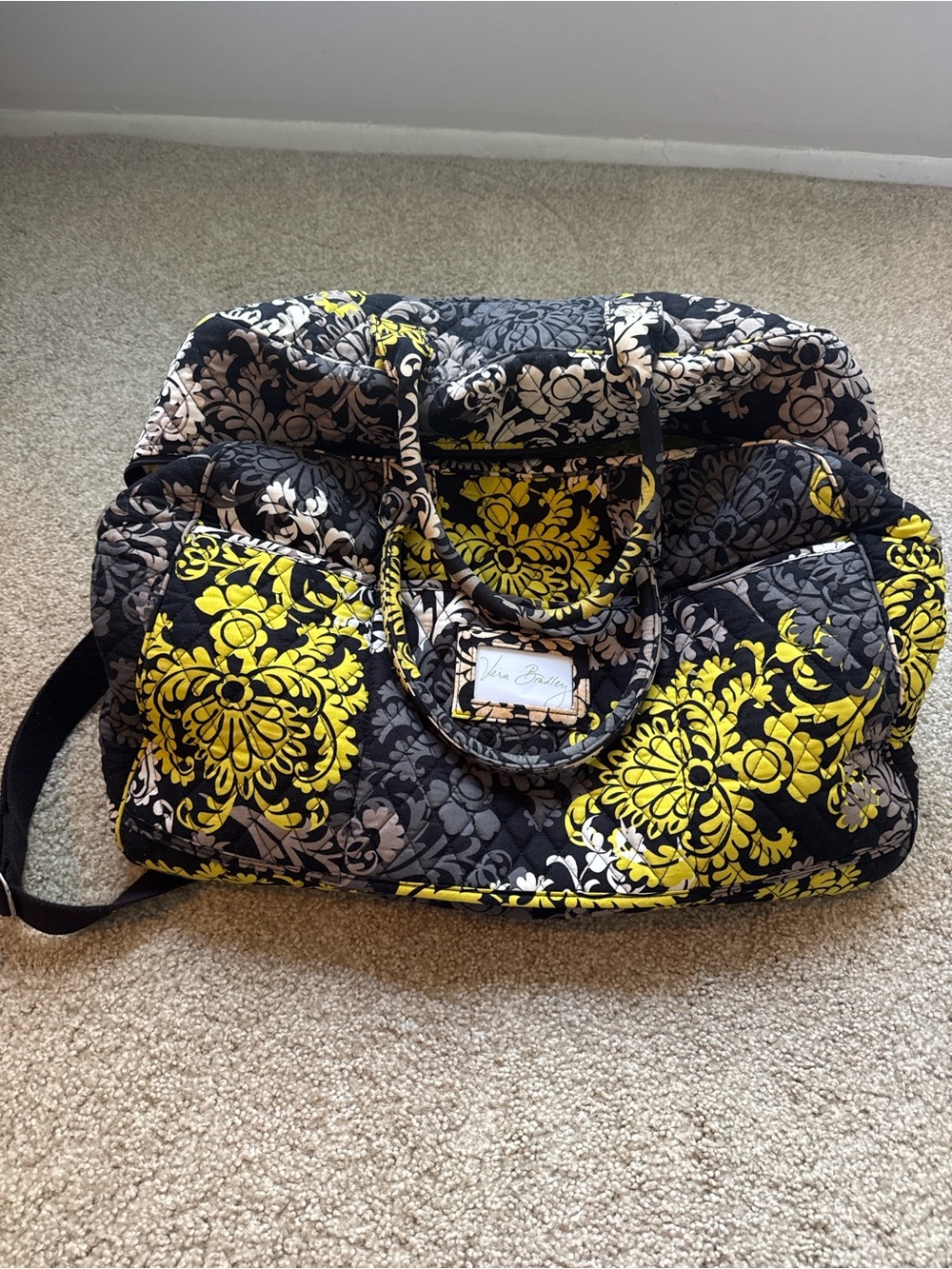 Vera Bradley Black Quilted Travel Bag with Yellow Floral Print